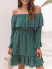 Robe dété Bateau Neck Teal Imprimé manches longues Robe de plage nouée à volants