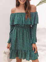 Robe dété Bateau Neck Teal Imprimé manches longues Robe de plage nouée à volants