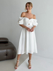 Robe dété blanche avec taille découpée épaules dénudées manches courtes bouffantes élégante robe mi-longue trapèze pour femmes 2025