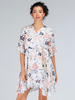 Robe dété Blanche Col V Manches Courtes Imprimé Floral Frange Polyester Longueur Genou Robe de Plage