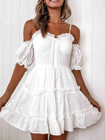 Robe dété blanche femmes bretelles cou manches courtes volants robe de plage
