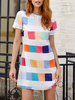 Robe dété blanche T-shirt coloré Robe Jewel Neck Plaid Robe de plage pour femmes