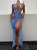 Robe dété Bleu ciel clair avec bretelles et col en polyester Robe de plage