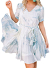 Robe dété bleu ciel clair col en V manches courtes tie dye robe de plage à volants superposés
