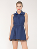 Robe dété bleu marine foncé col rabattu sans manches en dentelle polyester robe de plage midi