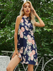 Robe dété bleu profond col montant robe de plage midi en polyester imprimé floral