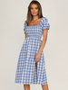 Robe dété bleue à motif à carreaux à encolure carrée en polyester Robe de plage moyenne dété