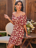 Robe dété bordeaux col bateau cordon de serrage robe de plage en polyester imprimé floral