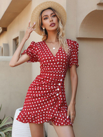 Robe dété bordeaux col en V volants robe de plage en polyester à pois