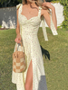 Robe dété bretelles beige cou fendue devant motif imprimé floral robe de plage en polyester robe longue