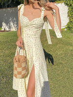 Robe dété bretelles beige cou fendue devant motif imprimé floral robe de plage en polyester robe longue