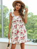 Robe dété Bretelles blanches Col plissé Motif imprimé floral Robe de plage midi en polyester