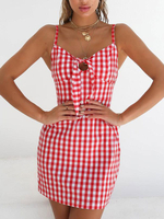 Robe dété bretelles col à carreaux arcs robe de plage rouge
