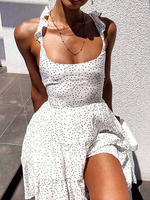 Robe dété bretelles cou sans manches à pois dos nu polyester robe de plage blanche