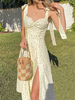 Robe dété bretelles cou sans manches imprimé floral polyester robe de plage beige sexy