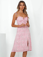 Robe dété bretelles encolure imprimée rose robe de plage moyenne