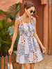 Robe dété col carré imprimé fleuri plissé couches bleu gris robe de plage longueur genou
