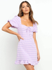 Robe dété col carré manches courtes motif à carreaux robe de plage courte pourpre