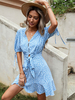 Robe dété col en V demi-manches imprimée découpée convertible bleu ciel clair robe de plage longueur genou