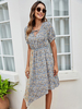Robe dété col en V imprimé passepoil stretch bleu ciel clair robe de plage longueur genou