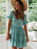 Robe dété col en V manches courtes imprimé floral vert menthe robe de plage midi