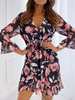 Robe dété col en V manches longues imprimé floral robe de plage courte noire