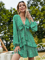 Robe dété col en V motif à pois noué surdimensionné vert robe de plage longueur genou