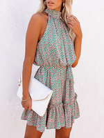 Robe dété courte à col haut et robe de plage verte imprimée