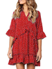 Robe dété en polyester à volants à pois et à col en V rouge