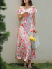 Robe dété imprimée rose à col bateau sans manches en polyester et longueur de plancher
