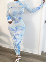 Robe dété Jewel Neck Tie Dye Robe de plage longue bleu ciel clair