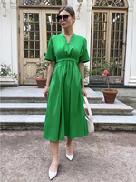 Robe dété manches courtes col en V poches plissées robes mi-longues décontractées