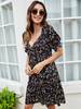 Robe dété noire à motif imprimé à encolure en V plissée extensible au genou Robe de plage