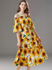 Robe dété pour femme Col bateau Tournesol Manches courtes Robe de plage jaune