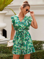 Robe dété Robe de plage courte verte à imprimé floral et col en V