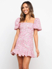 Robe dété rose col carré imprimé manches courtes en polyester robe de plage midi