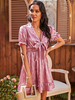 Robe dété rose col en V manches courtes lacets robe de plage midi en polyester imprimé