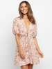 Robe dété rose col en V manches courtes robe de plage midi en polyester imprimé floral