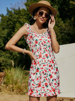 Robe dété rouge bretelles col en polyester imprimé floral