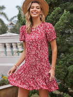 Robe dété rouge col en V manches courtes à lacets motif imprimé floral en polyester robe de plage midi