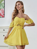 Robe dété sans bretelles avec cordon de serrage à manches courtes en polyester Robe de plage jaune Robe mi-longue