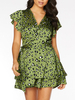 Robe dété vert col en V imprimé léopard robe de plage en polyester
