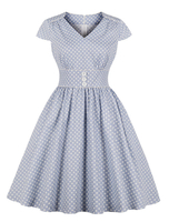 Robe dété vintage des années 1950 bleu polka dot col v manches courtes femmes robe swing