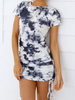 Robe dété violette col bijou manches courtes motif tie-dye robe de plage courte plissée