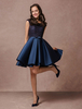Robe de bal 2021 Robe de cérémonie A-ligne en dentelle bleu marine foncé col bateau avec perles mini