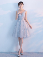 Robe de bal 2022 Robe fête de la rentrée A-ligne en tulle gris clair col V avec ceinture longueur genou