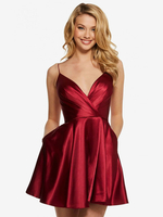 Robe de bal 2025 Robe de soirée courte en satin à col en V A-ligne Personnalisation gratuite