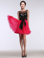 Robe de bal A-ligne avec paillettes rose col rond et noeud mini