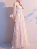 Robe de bal A-ligne col en V à manches longues à paillettes