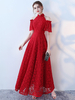 Robe de bal A-ligne en dentelle bordeaux col montant creusé longueur cheville
